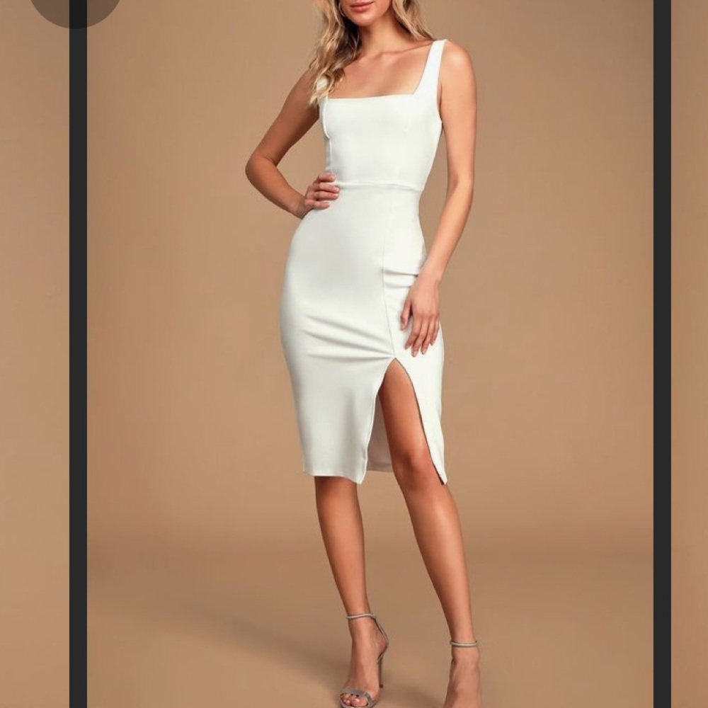 Lulu’s “Baby you’re the one” white sleeveless bodycon midi dress